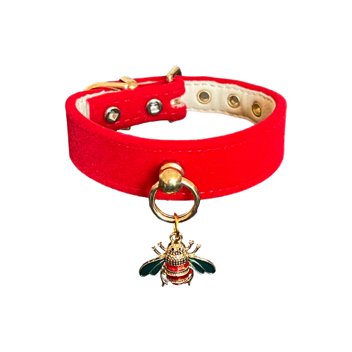 Red vegan leather dog collar with beautiful bee dangle charm.