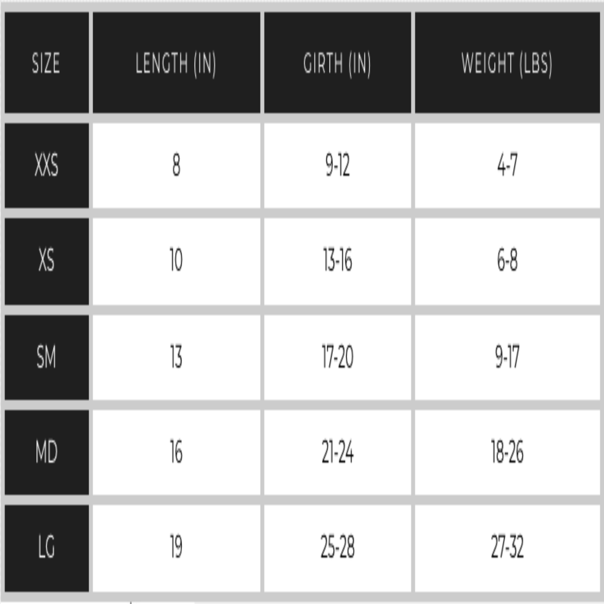 DCNY Sizing chart