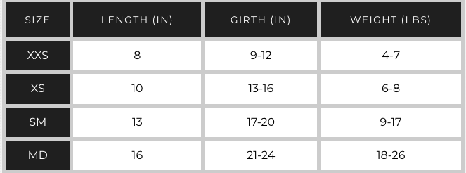 DCNY dog vest sizing chart