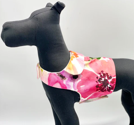 The DCNY Fine Art Frolic vest style dog harness features an exclusive print, a stunning watercolor garden floral design custom printed on cotton twill