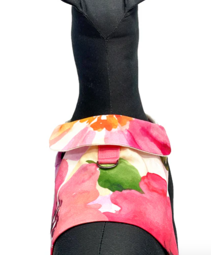 The DCNY Fine Art Frolic vest style dog harness features an exclusive print, a stunning watercolor garden floral design custom printed on cotton twill