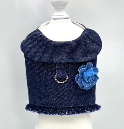 DCNY vest style dog harness available in Denim with denim flower and fringe detail.